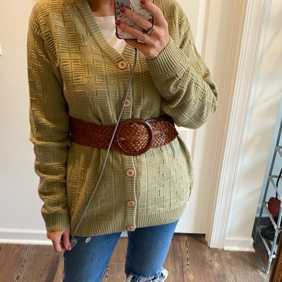 Vintage Datsun geometric print grandpa Cardigan Sweater greenish tan - Picture 1 of 13
